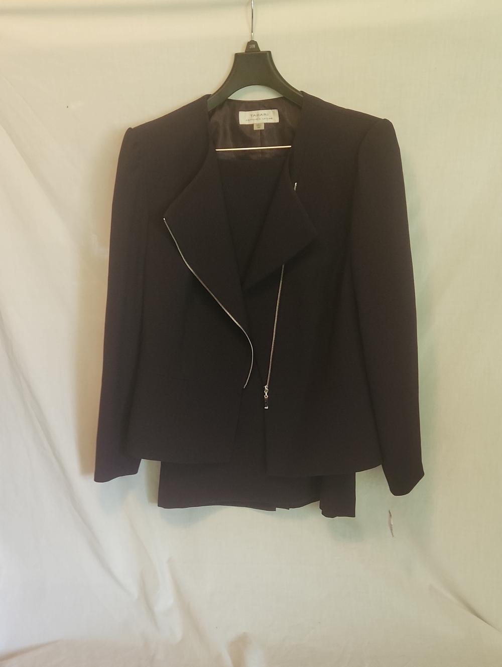 Tahari ASL Black Asymmetrical Zip Blazer And Matching Skirt